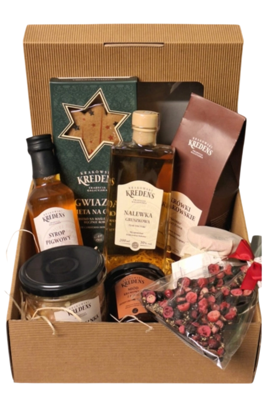 zestaw prezentowy Krakowski Kredens z alkoholem: nalewka, pasztet, choinka z czekolady, piernik, syrop, ćwikła, miód